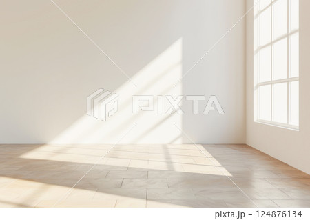 White mock-up blank room with white walls and beige color parquet floor. 124876134