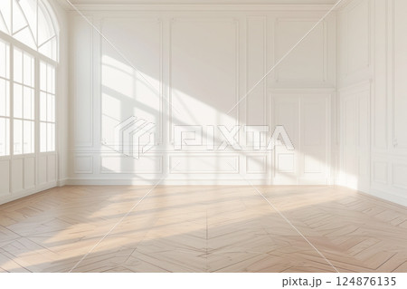 White mock-up blank room with white walls and beige color parquet floor. 124876135