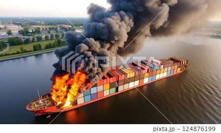 Fire on a container ship at sea. Shipping is one of the most important engines of the modern economy. Aerial view 124876199