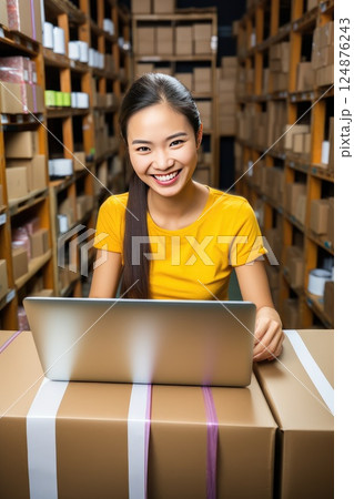 Online store seller during an online conversation with a buyer. Smiley young Asian woman sits in front of laptop monitor in a warehouse of products during online video call with a customer. 124876243