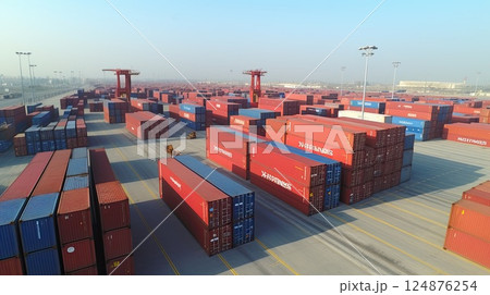 Area for storage and accounting of port cargo in containers. Container box in warehouse in shipping port. Global business of Container Cargo freight. Aerial view. 124876254