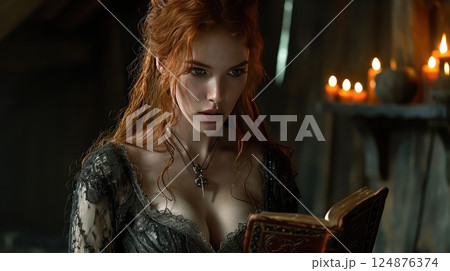 Amidst the candlelit shadows, a witch, adorned in an enchanting lace dress, murmurs an incantation from her ancient tome, the flickering light adding an otherworldly allure to her enchantments. 124876374