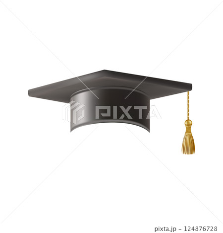 Realistic Black graduate cap. 3D Graduation Doctoral hat. 124876728