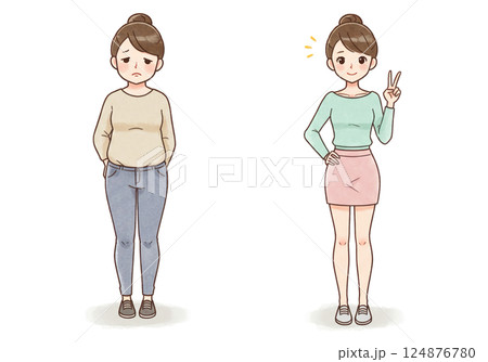 ダイエットビフォーアフターの女性イラスト 124876780