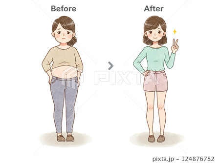 ダイエットビフォーアフターの女性イラスト 124876782