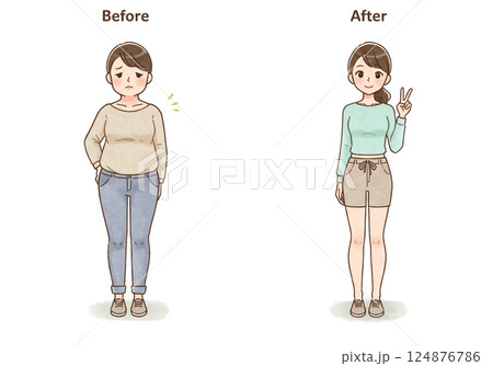 ダイエットビフォーアフターの女性イラスト 124876786