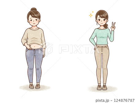 ダイエットビフォーアフターの女性イラスト 124876787