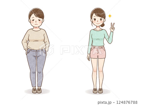 ダイエットビフォーアフターの女性イラスト 124876788