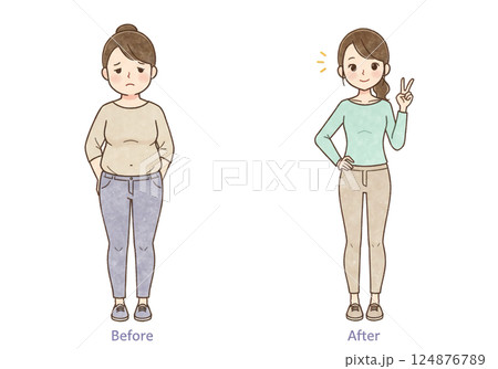 ダイエットビフォーアフターの女性イラスト 124876789