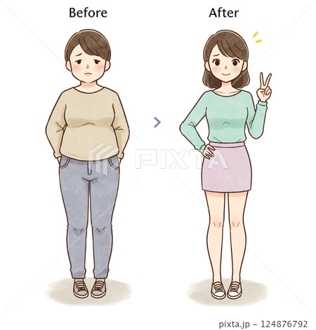 ダイエットビフォーアフターの女性イラスト ダイエットビフォーアフターの女性イラスト 124876792