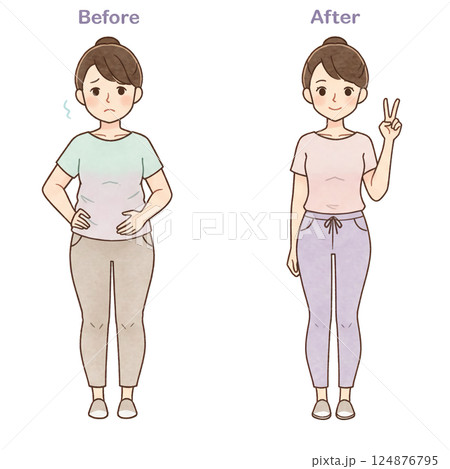 ダイエットビフォーアフターの女性イラスト ダイエットビフォーアフターの女性イラスト 124876795