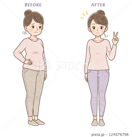 ダイエットビフォーアフターの女性イラスト ダイエットビフォーアフターの女性イラスト 124876796
