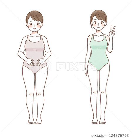ダイエットビフォーアフターの女性イラスト 124876798