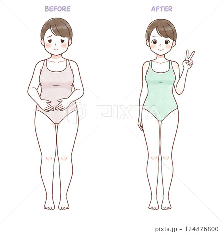 ダイエットビフォーアフターの女性イラスト 124876800