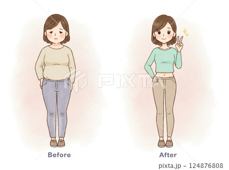 ダイエットビフォーアフターの女性イラスト 124876808