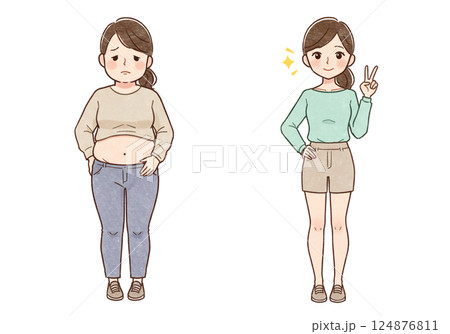 ダイエットビフォーアフターの女性イラスト 124876811