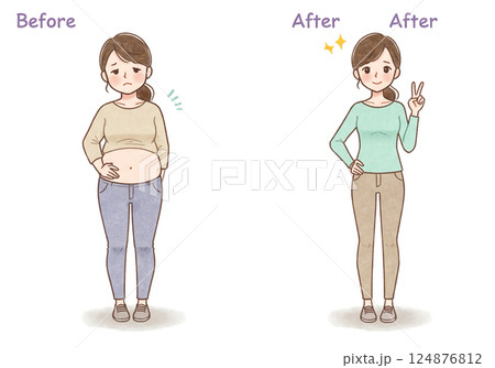 ダイエットビフォーアフターの女性イラスト ダイエットビフォーアフターの女性イラスト 124876812