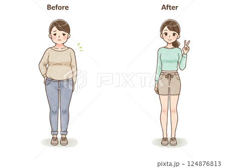 ダイエットビフォーアフターの女性イラスト ダイエットビフォーアフターの女性イラスト 124876813