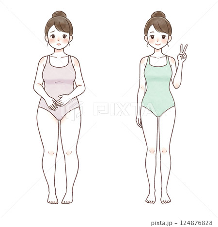 ダイエットビフォーアフターの女性イラスト 124876828