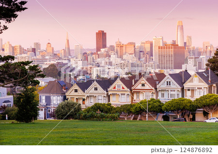 Pastel-colored evening photo of the Painted Ladies in San Francisco 124876892