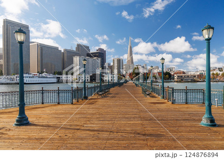 Scenic view of a classic wooden pier stretching into the San Francisco Bay Scenic view of a classic wooden pier stretching into the San Francisco Bay 124876894