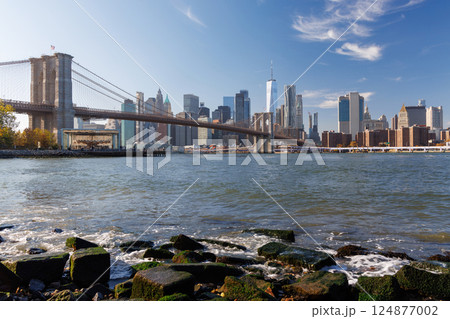 A panoramic view of the Brooklyn Bridge stretching towards Manhattan A panoramic view of the Brooklyn Bridge stretching towards Manhattan 124877002