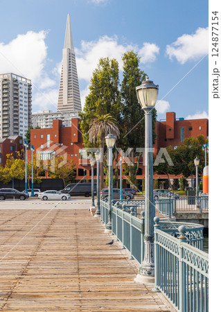 Scenic view of a classic wooden pier stretching into the San Francisco Bay Scenic view of a classic wooden pier stretching into the San Francisco Bay 124877154
