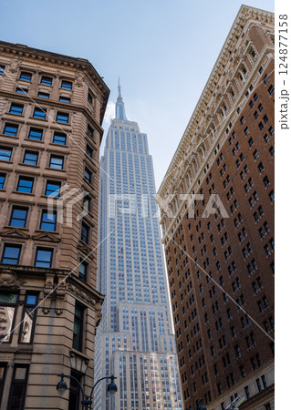 A stunning view of New York City's iconic skyscrapers from the street level A stunning view of New York City's iconic skyscrapers from the street level 124877158