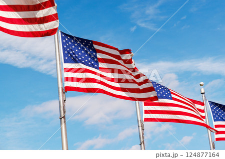 Rows of American flags waving against a sunny sky Rows of American flags waving against a sunny sky 124877164