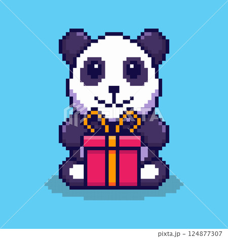 Pixel art Panda with Gift Box game asset design 124877307