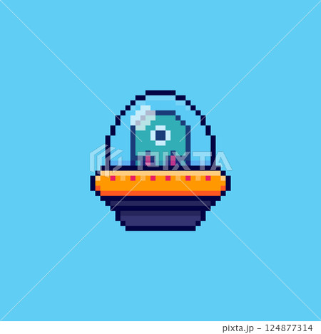 Pixel art Cute UFO Spaceship game asset design 124877314