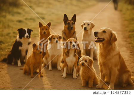 夕暮れの道に整列して座るたくさんの犬たち 124877339