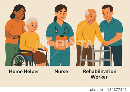 介護や看護の仕事を支える職種の紹介イラスト 124877341