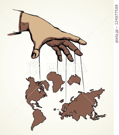 Man hand with a World map. Continents with contours of countries. Vector drawing 124877589