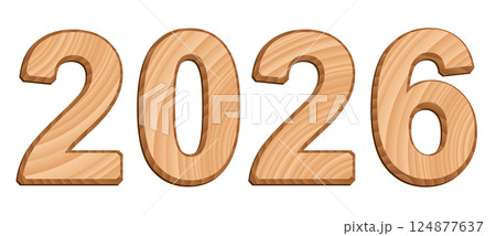 Vector digits isolated on white background. Set of three-dimensional numerals with texture of wood 124877637