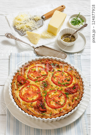 Freshly baked Italian Tomato Cheese Pie, top view Freshly baked Italian Tomato Cheese Pie, top view 124877918