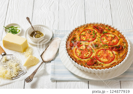 Freshly baked Italian Tomato Cheese Pie, top view Freshly baked Italian Tomato Cheese Pie, top view 124877919