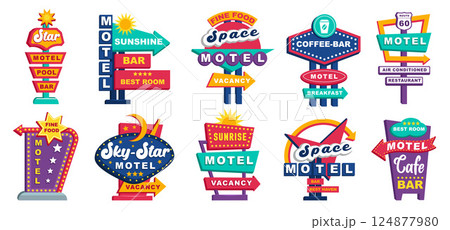Vintage American Road Signs and Motel Elements. Retro Street Pointer Icon and Logo Set 124877980