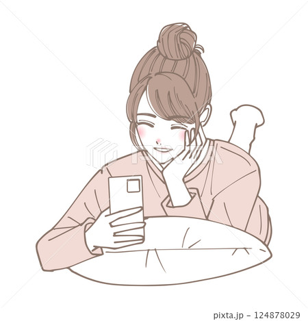 寝転びながらスマートフォンを見ている女性のイラスト 124878029
