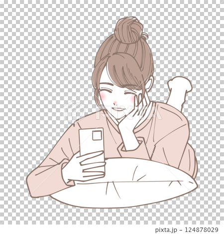 寝転びながらスマートフォンを見ている女性のイラスト 124878029