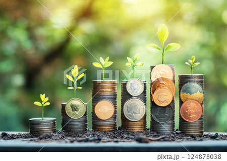投資の成長を象徴するコインと新芽のイラスト 投資の成長を象徴するコインと新芽のイラスト 124878038
