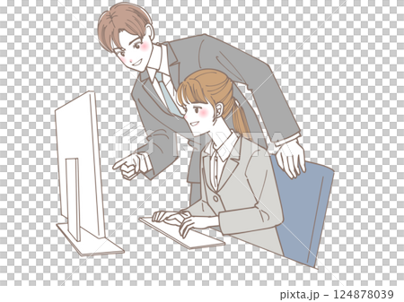 Illustration of a male employee teaching someone how to do their job Illustration of a male employee teaching someone how to do their job 124878039