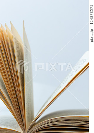 Open old book with text on white background. The concept of reading literature, education and book publishing. Free space for text 124878573