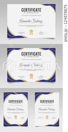Certificate of appreciation template with blue and gold elements 124878675
