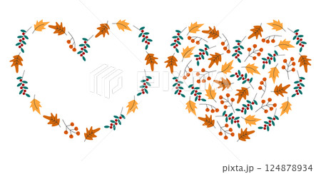 Heart Shaped Autumn Leaf and Twigs Wreaths Empty Copy space and Filled Template idea Set two designs 124878934