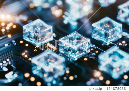 Crystal cubes on electronic circuit board showcasing digital technology 124878988