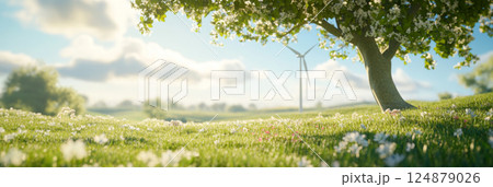 Wind turbine in vibrant wildflower meadow with clear blue sky, sustainable energy, Earth Day concept Wind turbine in vibrant wildflower meadow with clear blue sky, sustainable energy, Earth Day concept 124879026