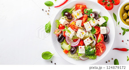A vibrant and fresh Greek salad with feta cheese, juicy tomatoes, crisp cucumbers, and Kalamata olives, beautifully presented for a healthy meal. Top view with copy space. 124879172