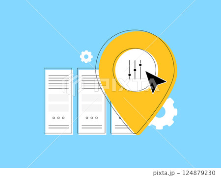 CDN content distribution network and high-speed server setup for fast content delivery. Optimize latency, caching and web performance with global infrastructure. Vector illustration and icons 124879230