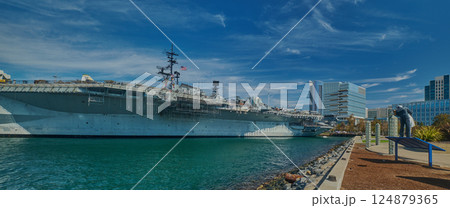 San Diego, California, USA- November 5 2004:The USS Midway Museum and Unconditional Surrender  Statue (sculpture) 124879365
